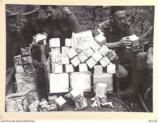 WEWAK AREA, NEW GUINEA, 1945-06-17. MEMBERS OF 2/4 INFANTRY BATTALION INSPECTING SOME OF THE 4,000 URNS FOUND IN A JAPANESE SHRINE ON THE KOIGIN TRACK. THE URNS, CUBE SHAPED AND MEASURING ..