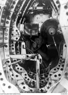 KIRIWINA, TROBRIAND ISLANDS, PAPUA. 1944-01-31. LEADING AIRCRAFTMAN G. H. CROFT OF WEST END, QLD, A FITTER, IN THE INTERIOR OF A SPITFIRE AIRCRAFT OF NO. 79 SQUADRON RAAF UNDERGOING MAJOR ..