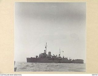 MIOS WUNDI, DUTCH NEW GUINEA. 1944-11-18. PORT SIDE VIEW OF HMAS GLENELG SEEN FROM AN ACCOMPANYING VESSEL