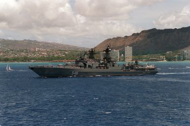 The Russian guided missile destroyer ADMIRAL PANTELEYEV passes Diamond Head as part of a parade of ships during the 50th anniversary of V-J Day in celebration of the end of World War II. The ADMIRAL PANTELEYEV is homeported at Vladivostok in the Sea of Japan