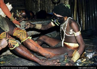 Outlining the red ochre and charcoal knee-designs, with yellow ochre using a chewed quill