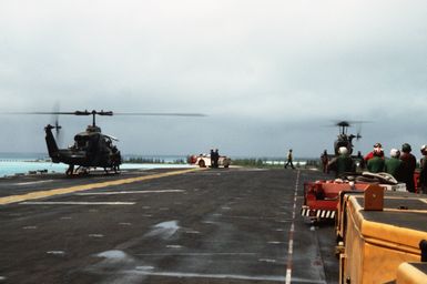 A view of various flight deck activities aboard the amphibious assault ship USS GUAM (LPH 9)