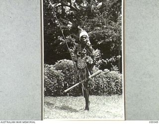 HOPOI DISTRICT, NEW GUINEA, 1943-10-30. A VILLAGE ELDER DRESSED UP FOR A DANCE WHICH WAS HELD AFTER THE CONFERENCE OF NATIVE CHIEFS WITH NX155085 CAPTAIN R.G. ORMSBY OF THE AUSTRALIAN AND NEW ..