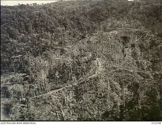 CENTRAL BOUGAINVILLE ISLAND, SOLOMON ISLANDS. C. 1944-12-20. AERIAL PHOTOGRAPH OF THE PATH LEADING TO ARTILLERY HILL CAPTURED BY THE AUSTRALIAN MILITARY FORCES SHORTLY AFTER THEIR ARRIVAL AFTER A ..