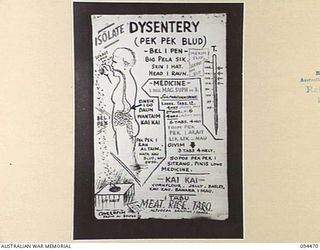 LAE AREA, NEW GUINEA, 1945-08-03. A "PIDGIN" ENGLISH CHART USED FOR THE INSTRUCTION OF NATIVE REGIMENTAL AID POST ORDERLIES. THE PHOTOGRAPH WAS MADE AT THE REQUEST OF HEADQUARTERS AUSTRALIAN NEW ..
