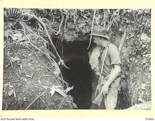 WAITAVALO AREA, WIDE BAY, NEW BRITAIN. 1945-03-16. VX102275 SERGEANT F. ELLINGHAM, 2ND FIELD AMBULANCE, ARMY MEDICAL CORPS, EXAMINING ONE OF THE MANY JAPANESE FOXHOLES HALF WAY UP LONE TREE HILL