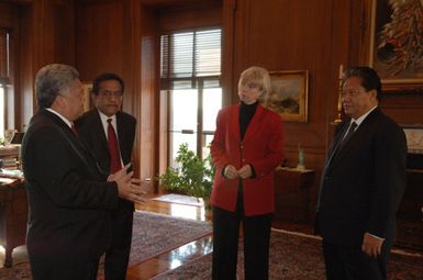 Marshall Islands delegation, including Minister of Foreign Affairs Gerald Zackios, far left, and President Kessai Note, fourth from left, visiting Department of Interior headquarters for discussions with Secretary Gale Norton, third from left, on U.S. programs related to long-range impact of mid-20th Century nuclear testing in Marshall Islands vicinity