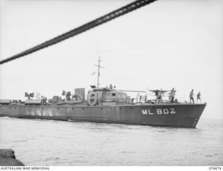 JACQUINOT BAY, NEW BRITAIN. 1944-11-04. ML802 A UNITED STATES ARMY FAST AND HEAVILY ARMED MOTOR LAUNCH, ONE OF A NUMBER WHICH ASSISTED IN COVERING THE LANDING OF THE 14/32ND INFANTRY BATTALION