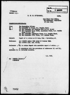 USS STEMBEL - AA Act Rep, 6/16/44 East of Guam, Marianas