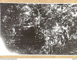FINSCHHAFEN AREA, NEW GUINEA. 1943-11-09. A CATERPILLAR TRACTOR OF THE 870TH UNITED STATES ENGINEER AVIATION BATTALION CLEARING THE JUNLGE FOR A ROAD AT THE DREGER HARBOUR END OF THE NEW BOMBER ..