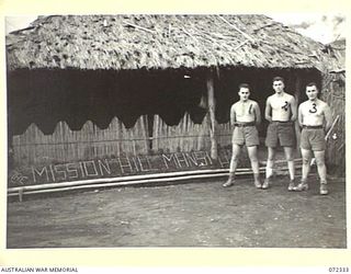 MISSION HILL, NEW GUINEA. 1944-04-06. MEMBERS OF THE 23RD LINE SECTION, 18TH LINES OF COMMUNICATION SIGNALS, IN FRONT OF THEIR SIGNAL STATION "THE MISSION HILL MANSION". LEFT TO RIGHT: QX41681 ..