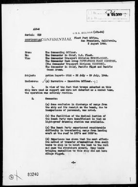 USS BOLIVAR - Report of Landing Operations on Guam Island, Marianas - Period 7/22-29/44