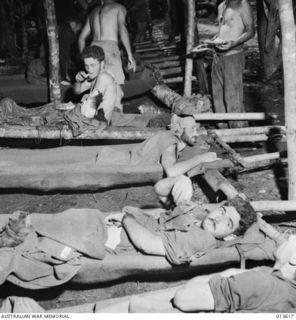 1942-11-23. NEW GUINEA. OIVI. WOUNDED DIGGERS AT A DRESSING STATION AFTER FIGHTING AT OIVI. (NEGATIVE BY G. SILK)