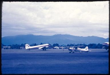 Qantas DC3 and Beaver aircraft on the tarmac at Lae, between 1955 and 1960 / Tom Meigan