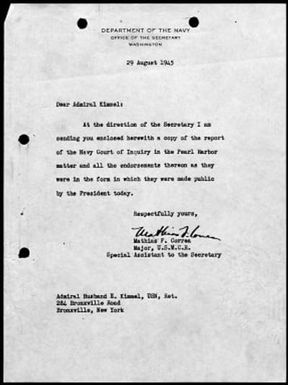 Kimmel, Husband E., Reports: Navy Court of Inquiry, Pearl Harbor Report, August 29, 1945