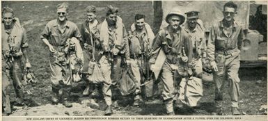 New Zealand crews of Lockheed Hudson reconnaissance bombers return to their quarters on Guadalcanal after a patrol over the Solomons area