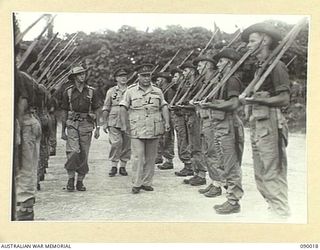 TOROKINA, BOUGAINVILLE. 1945-03-24. GENERAL SIR THOMAS A. BLAMEY, COMMANDER IN CHIEF, ALLIED LAND FORCES, SOUTH WEST PACIFIC AREA (1), WITH LIEUTENANT R.S. JACKSON (2), AND LIEUTENANT GENERAL S.G. ..