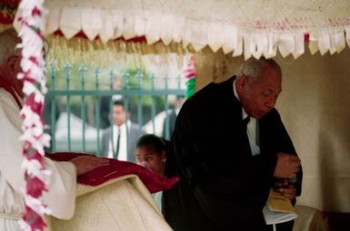 King Taufa'ahau Tupou IV, King of Tonga, at dedication of church Vaine Mo'onia