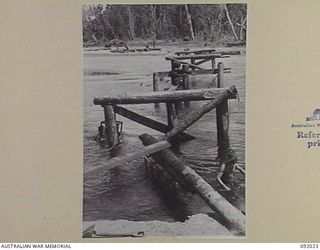 URFIP CREEK, WEWAK AREA, 1945-05-14. A GENERAL VIEW OF SAPPERS OF 2/8 FIELD COMPANY, ROYAL AUSTRALIAN ENGINEERS, AT WORK ON THE CONSTRUCTION OF A BRIDGE OVER THE URFIP CREEK. IDENTIFIED PERSONNEL ..