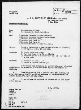 USS THATCHER - Report of Bombardment of Guam Coastal Defenses and Airfields and of night AA Action-6/30/44