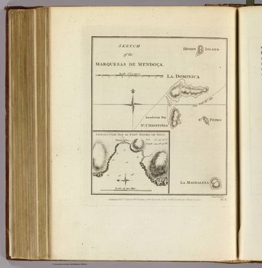 Sketch of the Marquesas de Mendoca. (with) Resolution Bay or Port Madre de Dios. J. Russell sculpsit. No. V. Published Febry. 1st, 1777 by Wm. Strahan in New Street, Shoe Lane & Thos. Cadell in the Strand, London.