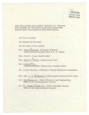 List of Witnesses to the Signing of Proclamation 3309, Admission of the State of Hawaii into the Union