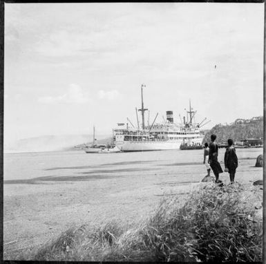 Burns Philp ship, the "M.V. Macdhui" of Sydney moored to a jetty, Rabaul, New Guinea, 1937 / Sarah Chinnery