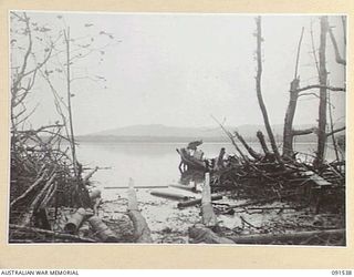 SORAKEN AREA, BOUGAINVILLE. 1945-04-02. LOOKING SEAWARD FROM THE OLD JAPANESE POSITION ON THE TIP OF SORAKEN PLANTATION TOWARD BUIN PENINSULA. 4 MILITARY HISTORY FIELD TEAM ARE IN THE AREA