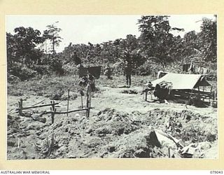 TSIMBA AREA, BOUGAINVILLE ISLAND. 1945-02-07/06. A 3" MORTAR CAMP SITE OF THE 31/51ST INFANTRY BATTALION IN AN OLD JAPANESE GARDEN