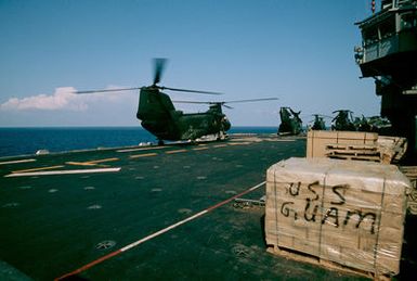 Marine CH-46 Sea Knight helicopters aboard the amphibious assault ship USS GUAM (LPH 9) during operations off the coast of Beirut, Lebanon