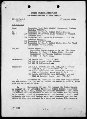 COMTASKUNIT 52.17.5 - Forwarding with comment action reports on the bombardments of Saipan & Tinian Islands, Marianas, 6/25/44 - 7/7/44