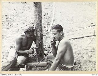 PILLA PILLA, RABAUL, NEW BRITAIN. SIGNALMAN R.E. BASTIN (1) AND CORPORAL E.L. MUSTER (2), MEMBERS OF 4 INFANTRY BRIGADE SIGNAL SECTION, 11 DIVISION SIGNALS, TESTING THE LINES AT A TEST POINT