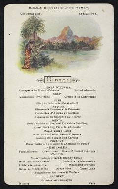 H.M.N.Z. Hospital Ship "Marama". Christmas Day, at sea 1917. Dinner [Menu card/ toast list / programme]