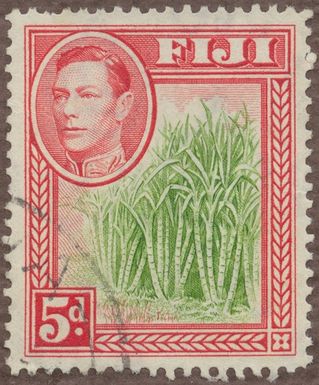 Stamp from Gösta Bodman’s philatelistic collection of motifs, begun in 1950.
Stamp from Fiji, 1940. Motif of sugar cane cultivation. King George VI.