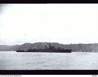 RABAUL, NEW BRITAIN, 1946-03-07. HMAS BARCOO (K375), OF THE ROYAL AUSTRALIAN NAVY, MOORED IN THE HARBOUR. (STARBOARD SIDE)