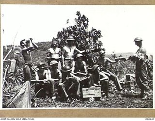 KAKAKOG, NEW GUINEA. 1943-11-07. TROOPS OF THE 12TH BATTERY, 2/4TH AUSTRALIAN LIGHT ANTI-AIRCRAFT REGIMENT RECEIVING AND READING THEIR MAIL NEAR ONE OF THE CAMOUFLAGED 40MM BOFORS GUNS. SHOWN ARE: ..