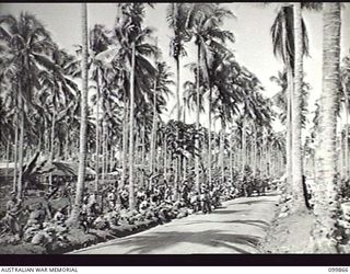 KOKOPO, NEW BRITAIN, 1946-02-28. JAPANESE TROOPS LINING THE ROAD NEAR 3 GROUP CAMP, 11 DIVISION IN PREPARATION FOR BOARDING THE DEMILITARIZED AIRCRAFT CARRIER KATSURAGI FOR RETURN TO JAPAN