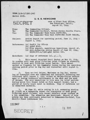 USS NEWCOMB - Report of operations in support of the invasions of Saipan & Tinian Islands, Marianas, 6/15/44 - 8/2/44