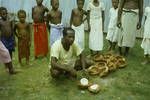 New Guinean showing how nuts are spilt for drying, children are interested in the camera, not the coconuts, 1962