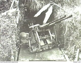 NEW BRITAIN, 1945-09. A JAPANESE TWIN BARRELLED QUICK FIRING ANTI-AIRCRAFT GUN IN THE RABAUL AREA. (RNZAF OFFICIAL PHOTOGRAPH.)