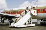 Federated States of Micronesia, people exiting plane at airport on Yap Island