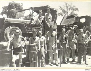 TOROKINA, BOUGAINVILLE ISLAND. 1944-11-25. PERSONNEL OF THE TRANSPORT SECTION, HEADQUARTERS, 2ND AUSTRALIAN CORPS. IDENTIFIED PERSONNEL ARE:- SX25878 DRIVER L.I. THORP (1); VX79808 CORPORAL R. ..