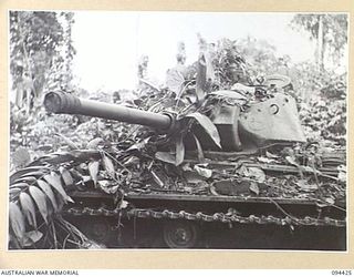 TOROKINA AREA, BOUGAINVILLE. 1945-07-28. AN M24 GENERAL CHAFFEE LIGHT TANK UNDERGOING TESTS FOR THE WAR OFFICE. THE GUN TURRET IS UNABLE TO TRAVERSE 360 DEGREES BECAUSE OF VINES HOLDING THE GUN. AT ..