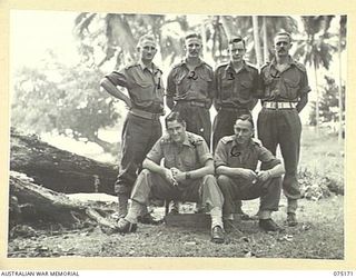 MILILAT, NEW GUINEA. 1944-08-09. MEMBERS OF G STAFF HEADQUARTERS, 5TH DIVISION. IDENTIFIED PERSONNEL ARE:- VX59000 MAJOR J.P.C. CURLEWIS (1); NX112671 CAPTAIN C.H. POWDITCH (2); VX108384 CAPTAIN ..