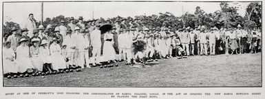 Sport at one of Germany's lost colonies: the Administrator of Samoa, Colonel Logan, in the act of opening the new Samoa bowling green by playing the first bowl