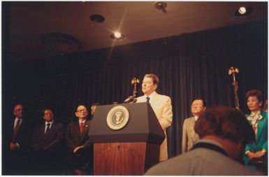 President Ronald Reagan speaking at the signing of the Civil Liberties Act of 1988