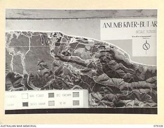 AITAPE, NEW GUINEA. 1945-02-28. A PLASTICINE MODEL OF THE ANUMB RIVER BUT AREA. SCALE 1- 25000" MADE BY PERSONNEL OF THE INTELLIGENCE SECTION, HEADQUARTERS, 19TH INFANTRY BRIGADE. THE MODEL WAS ..