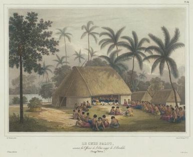 Le chef Palou recevant les officiers de l'Etat-major de l'Astrolabe, Tonga Tabou / de Sainson pinx.; Leborne lith.; fig. par V. Adam