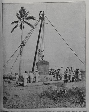 British soldiers on the monument to the British and American sailors who fell in the Samoan war