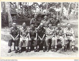 TOROKINA, BOUGAINVILLE, 1945-11-21. OFFICERS OF 42 LANDING CRAFT COMPANY. (FOR IDENTIFICATION OF 10 NAMED PERSONNEL REFER TO PROVISIONAL CAPTION OR NAME INDEX)